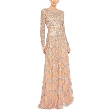 Mac Duggal 5496 Pink and Silver Evening Gown Sequined Long Sleeve Dress Size 14