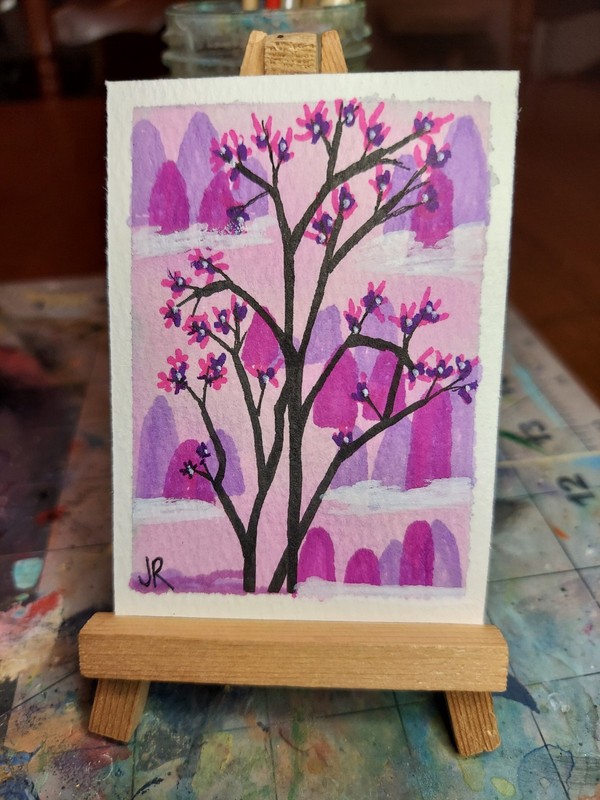 ACEO Original Watercolor Asian Mountains Bright tree Flowers 2.5x3.5 art card