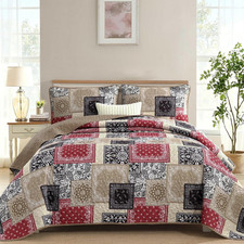 Boho Quilt Set King Size,3 Pieces Red Black Plaid Floral Bedspread Coverlet Set