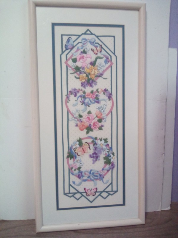 Handmade Finished Ribbon Embroidery Flowers in Hearts Butterflies 24" by 12"