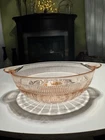 Rare Antique Pink Depression Glass Bowl 9.25" Ribbed Design w/ Handles Glassware