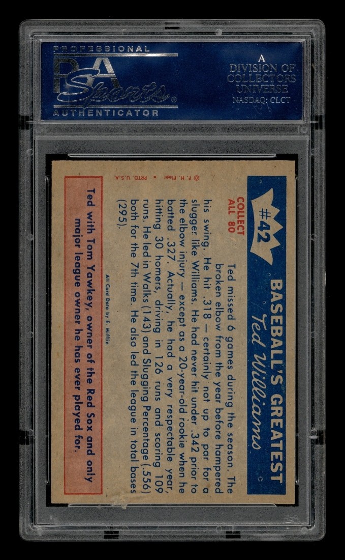 1959 Fleer Ted Williams Set-Break # 42 1951-Williams Slowed By Injury PSA 8 view 2