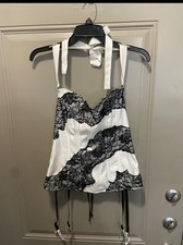 Frederick's of Hollywood White W/ Black Lace Trim Corset w/ Garter Straps SZ L