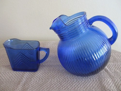 Vintage 1930s Hazel Atlas Cobalt Blue Tilt Glass Pitcher & Blue Chevron Creamer