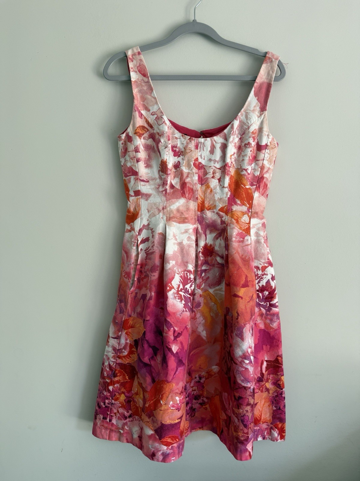 Nine West Women’s Pink Orange Floral Watercolor Fit Flare Pocket Dress Size 2