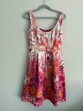 Nine West Women’s Pink Orange Floral Watercolor Fit Flare Pocket Dress Size 2