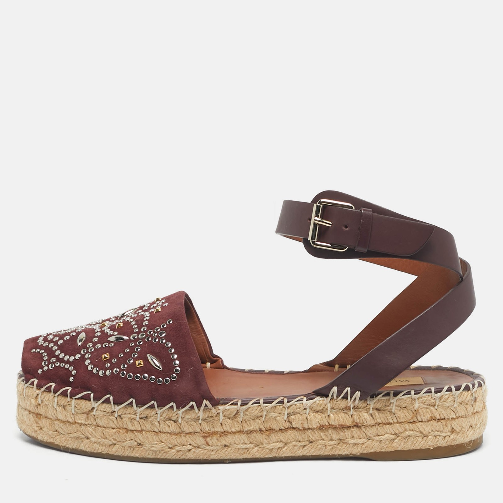Valentino Burgundy Embellished Suede and Leather Ankle Strap Espadrille Flats