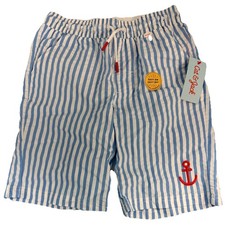 Cat  Jack Boys Blue White Stripe Swim Trunks sz M 8/10 Red Anchor
