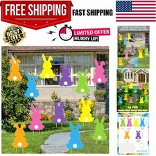 12Pcs Easter Yard Signs Outdoor Decorations Pastel Easter Bunny shaped Yard S...