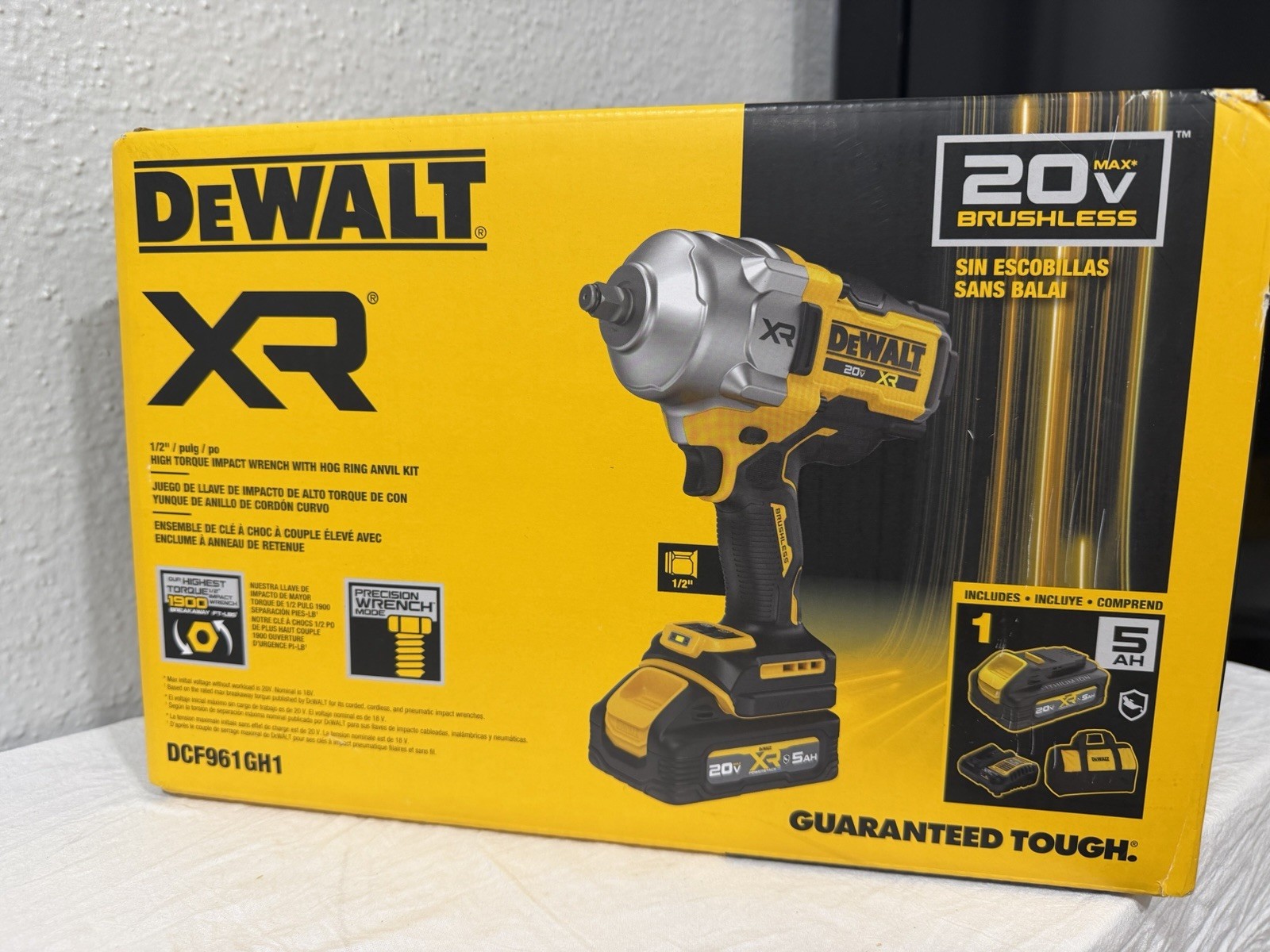DEWALT XR  Brushless Impact Wrench Kit 1/2" Hog Ring 1900 ft-lbs 5Ah battery