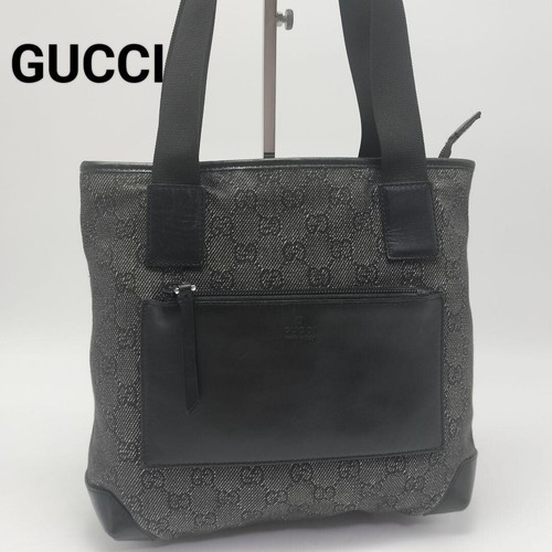 Gucci Black GG Canvas Tote Bag Women Zipper Closure Shoulder Handbag 50cm HANDLE