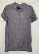 Tahari Women's M 100% Linen Chambray Blue Button Shirt Dress Coastal Minimalist