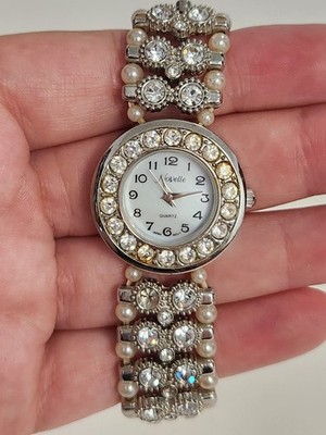 Women's Silvertone Crystal Bezel Faux Pearl Quartz Watch Flex Stretch Braclet