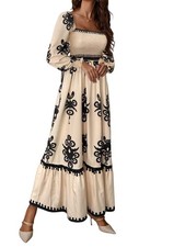 Damen Herbst Hochzeitsgastkleid Bohemian Blumen Langarm V-Ausschnitt Fließe8432