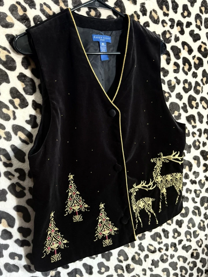 Vintage 90s Karen Scott Christmas Velvet Embroidered Vest Women's Size M Black - Image 3 of 4