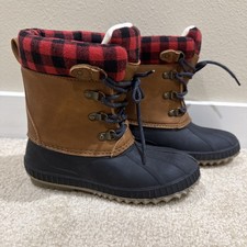 NEW Gap Kids Lined Lace-Up Duck Boots Size 1/2 Black/Red Buffalo Check Thermal