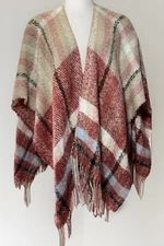 Lauren Conrad LC Women's Autumn Plaid Firnged Wrap Shawl Sweater One Sz