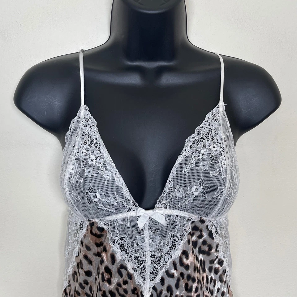 Babydoll para mujer Victorias Secret con estampado de leopardo de seda con ribete de encaje transparente S Foto 2 de 4