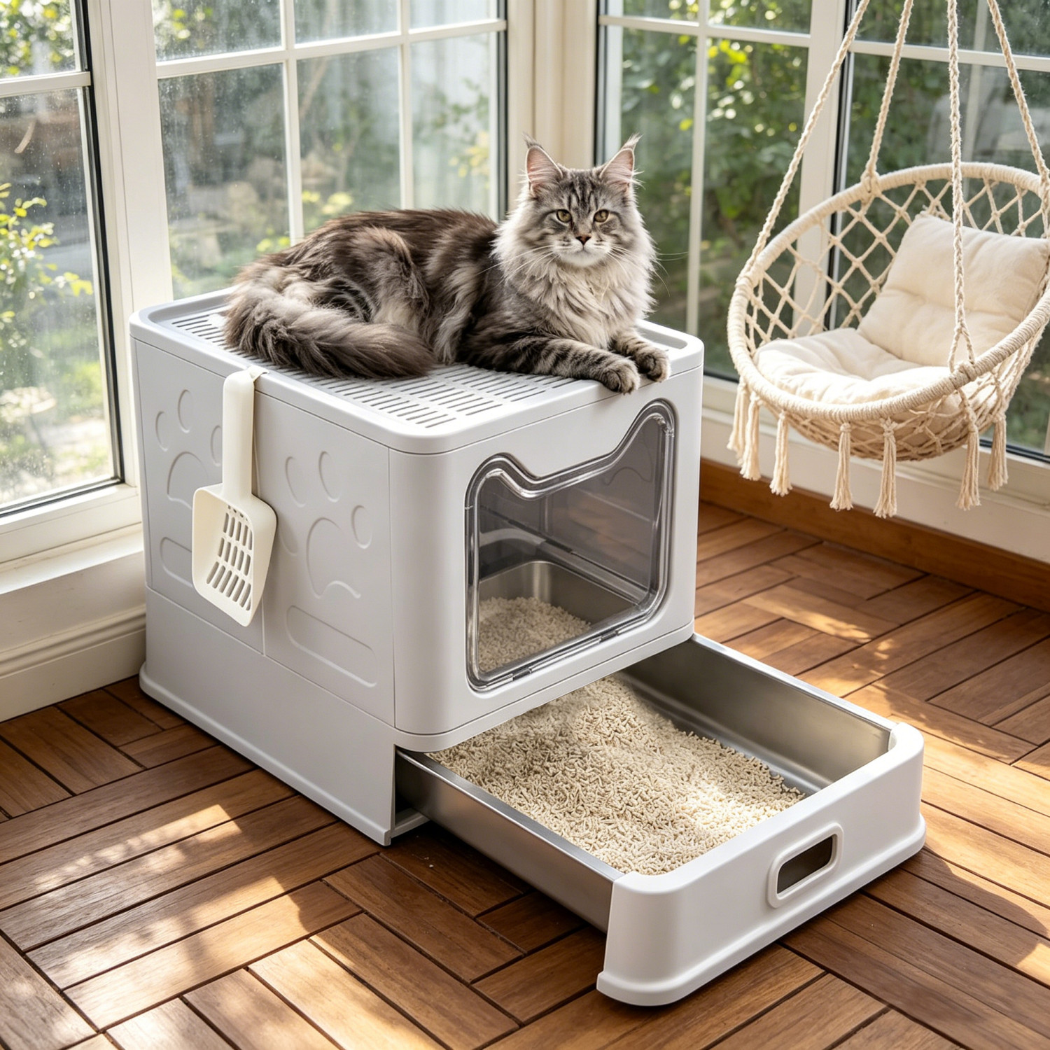 Stainless Steel Cat Litter Box Large Full Enclosed Indoor Pet Toilet Tray +Scoop