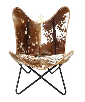 Original Kuhfell Schmetterling Stuhl Leder Bkf Lounge Akzent Eisen Rahmen Brown