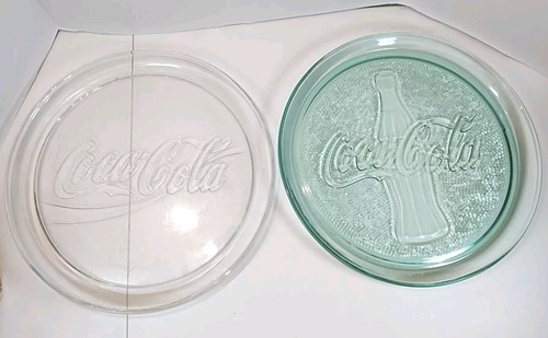 TWO Vintage Coca-Cola 13” Round Glass Serving Platter Plates Heavy Clear & Green