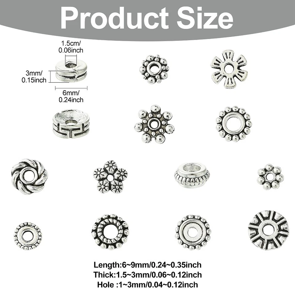 Cuentas espaciadoras de plata antiguas 420 un., cuentas de flores redondas tibetanas para hacer joyas Foto 2 de 4