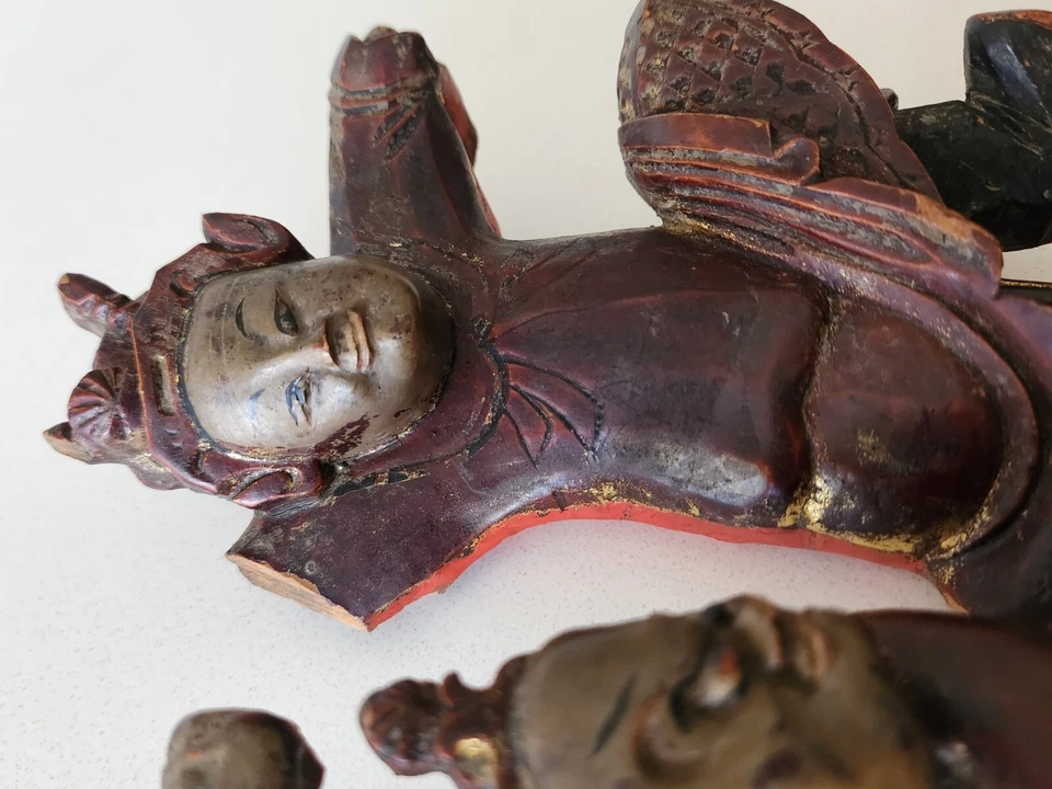 RARO 1800 DINASTÍA QING CHINA Madera Tallada Laca Roja Pareja Ópera Dorada Siglo XIX Foto 3 de 4