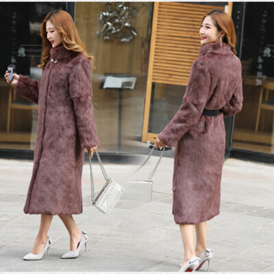 Women's Real Rabbit Fur Long Jacket Winter Warm Stand Collar Coat