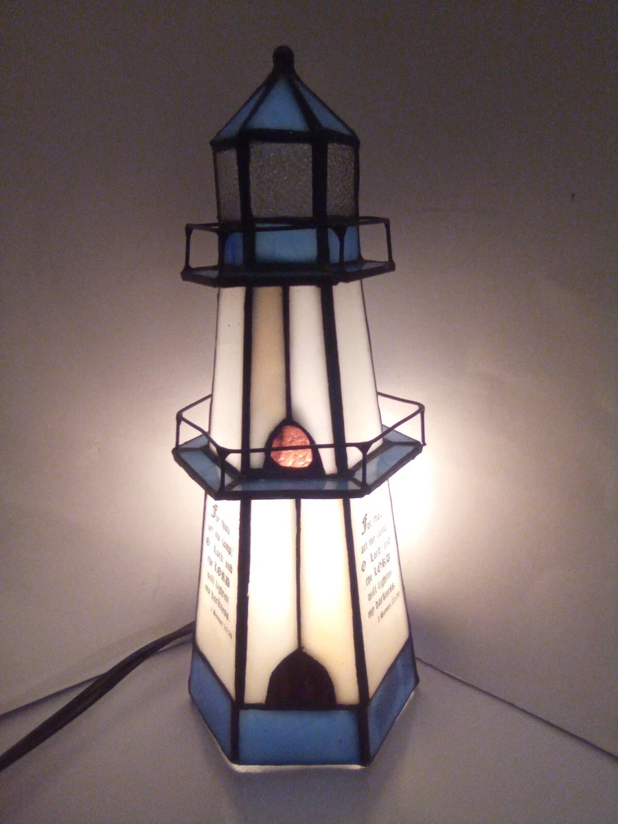 Blue White Stained Glass Lighted Lighthouse 10in Electric Lamp