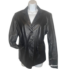 A Line Womens Leather Jacket Blk Button Up Pockets Notch Lapel Lined Vintage 12