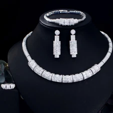 Heavy Noble Silver Plated CZ Bridal Necklace Earrings Ring Bracelet Jewelry Set
