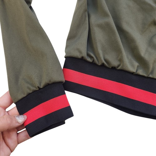 Olive Green Varsity Jacket Womens Small Black Red Striped Puff Shoulder Full Zip - Picture 7 of 9