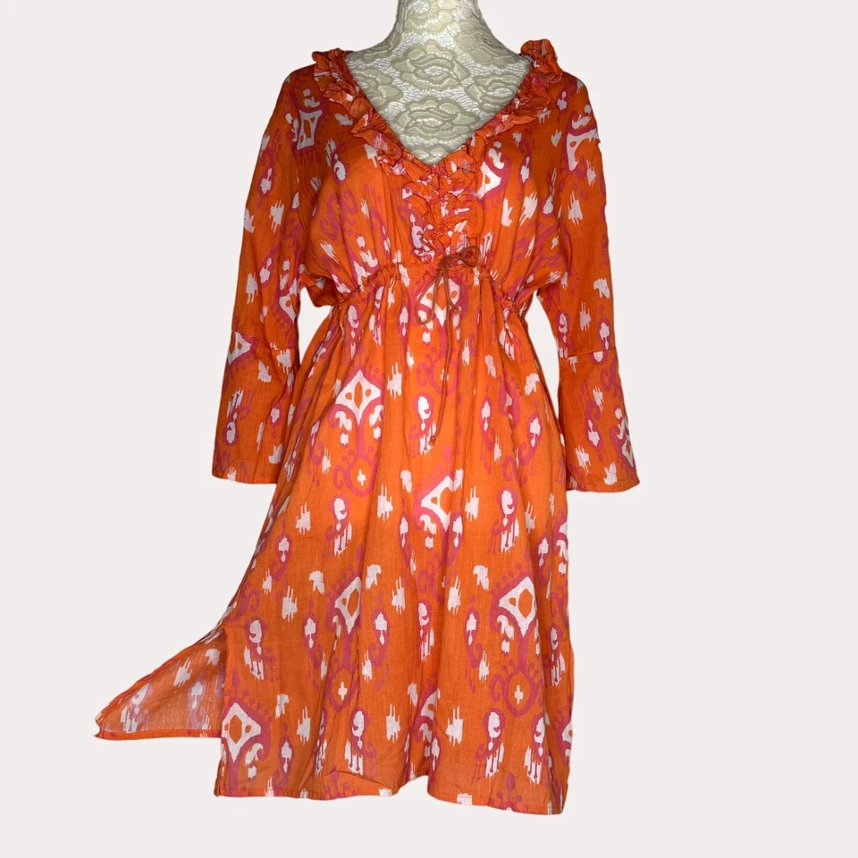 Mud Pie Bag Lady Tribal Linen Cinch Ruffle Mini Dress Tunic Orange S bv - Image 3 of 4