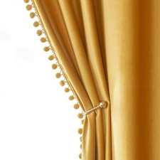 Pom Pom Velvet Curtains for Fall 52"W x 84"L Pack of 2 Mustard Yellow