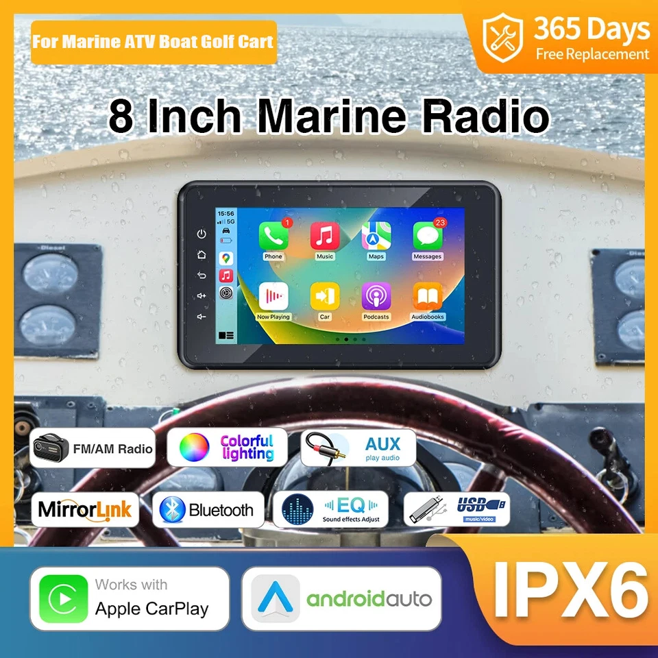 8 Inch Waterproof Marine Multimedia Player Wireless CarPlay Android Auto Boat - Image 2 of 4