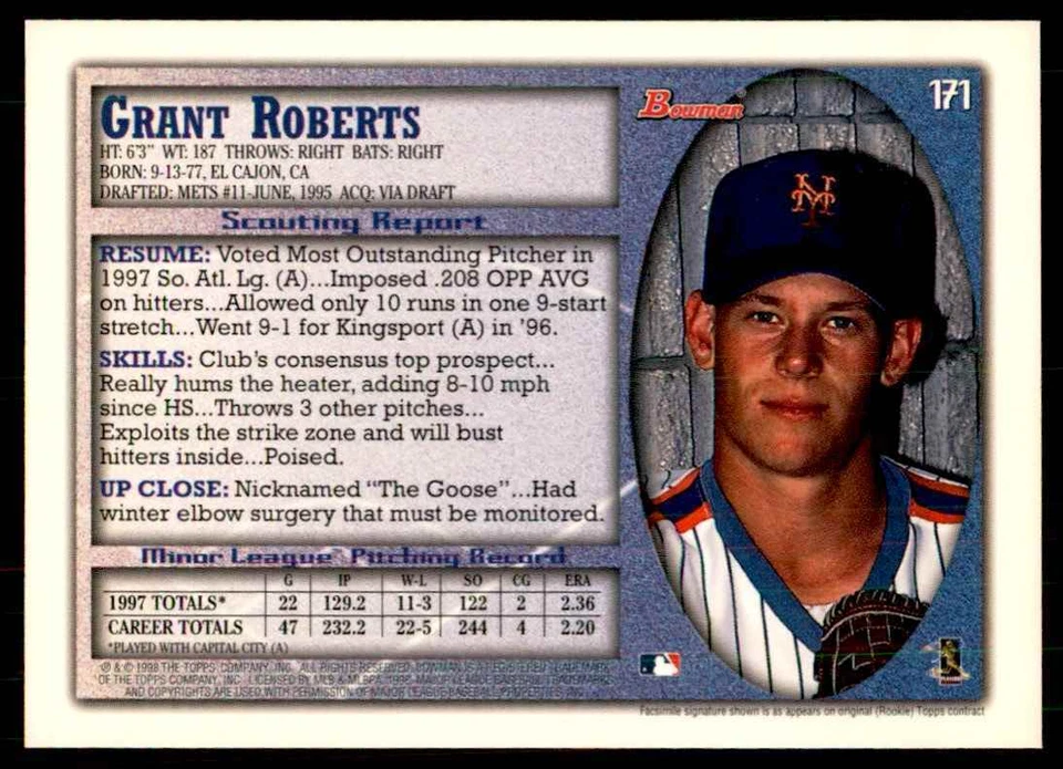 1998 BOWMAN GRANT ROBERTS NEW YORK METS #171 - Image 2 of 2