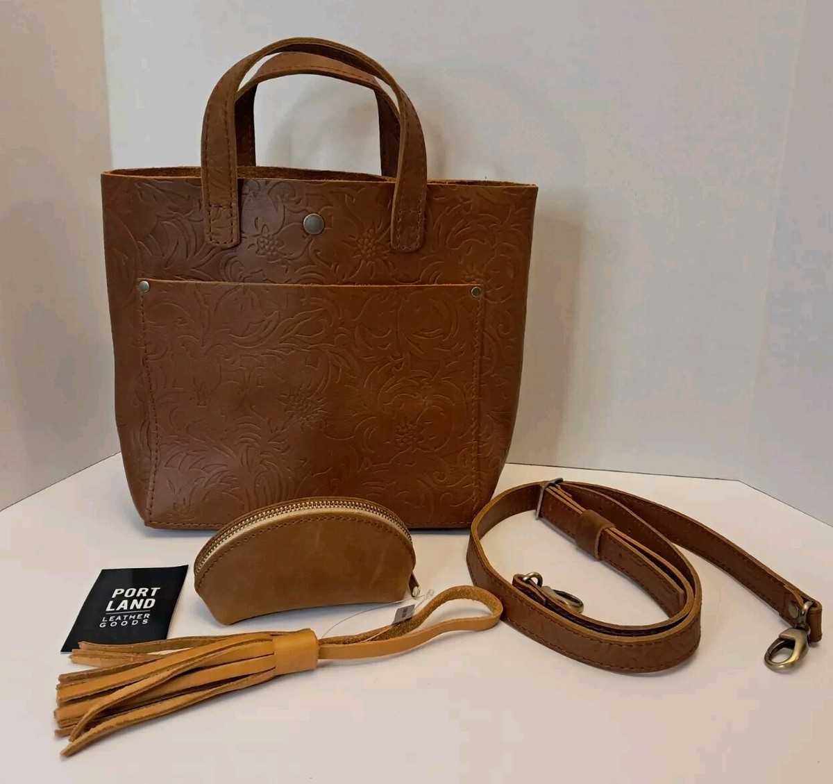 Portland Leather Goods Mini Crossbody Tote Meadow Brown Tooled