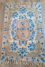 Handmade Chainstitch Scatter Rug  Fringe Blue,Green,Mauve,Tan Floral (39"x23")lp