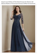 Sequin Lace Chiffon Mother of the Bride Dress Navy Blue 3/4 Sleeves Formal Gown