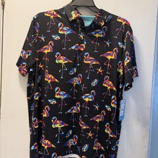 Birdie Bound Men L Golf Polo Shirt Stretch Performance Black Flamingos