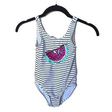 OshKosh B'gosh Girl's Bathing Suit Blue  White Stripe Sequin Watermelon 6 / 6X