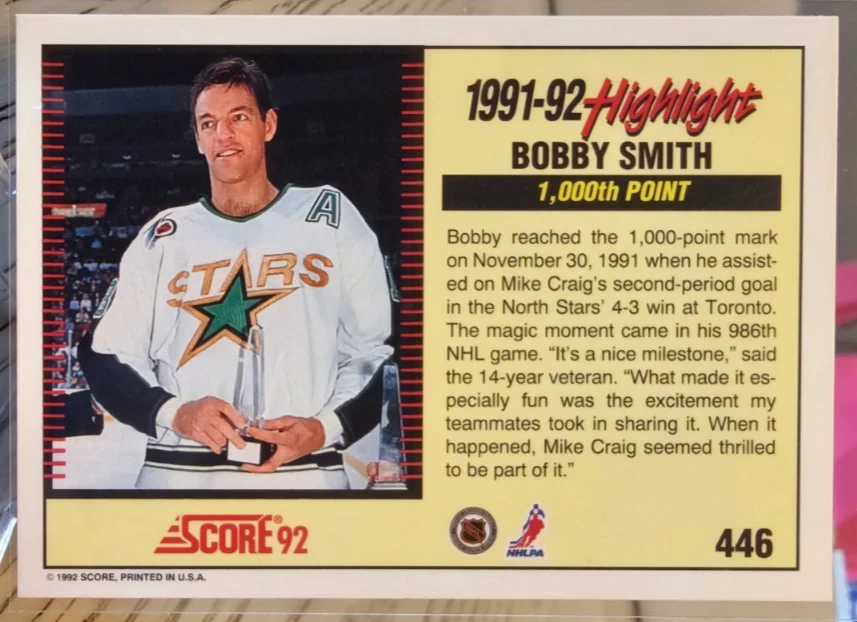 1992-93 Score Bobby Smith #446 Minnesota North Stars - Image 2 of 2