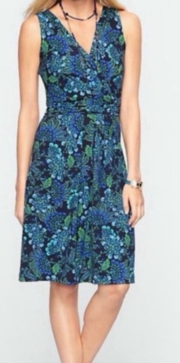 Talbots Sleeveless Faux Wrap Dress Floral Peacock Paisley Size 8 Ruched Cruise