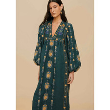 FARM Rio NWT Green Pineapple Embroidered Euroflax Linen Tunic Maxi Dress M $410