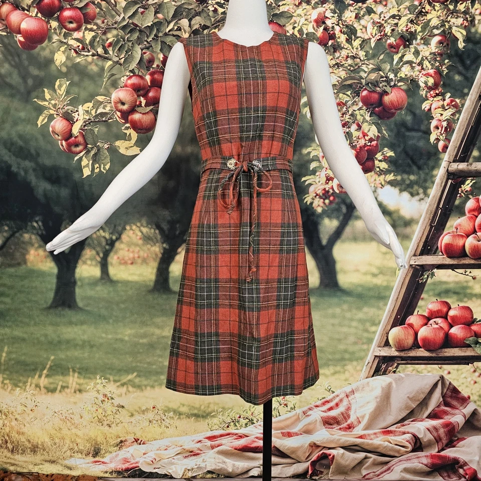 Cinto sem mangas vintage década de 1970 com pingente de lã xadrez vermelho tartan - Imagem 4 de 4