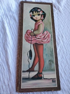 Vintage Maio Big Eye Art Print Litho on Cork Signed Ballerina Soroka Sales 1960s