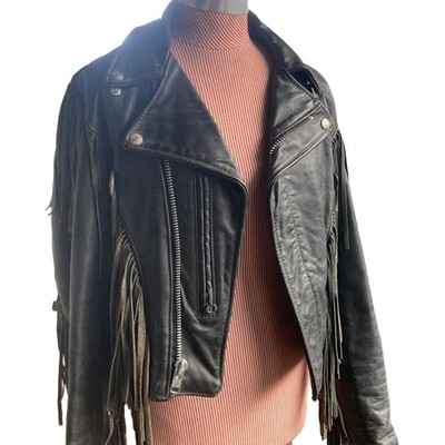 Schott NYC Black Double Rider Fringed Leather Jacket Size 32 Japan