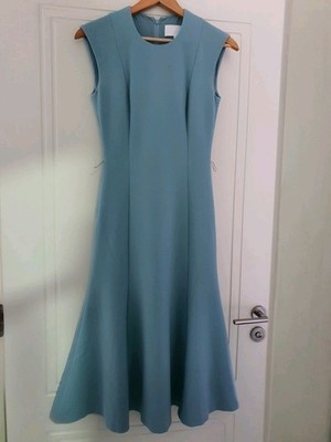 Hugo Boss Fit Flare Midi Dress Powder Blue XS EU32 Minimalist Work Occasion  | eBay