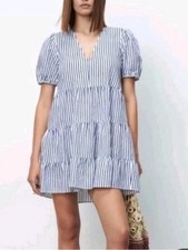 Zara Blue & White Striped VNeck Tiered Babydoll Fairy Boho Nautical Mini Dress-S