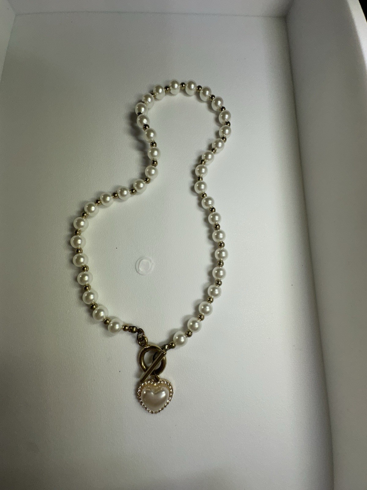 Faux Pearl Gold Tone Necklace With Heart Charm 16”
